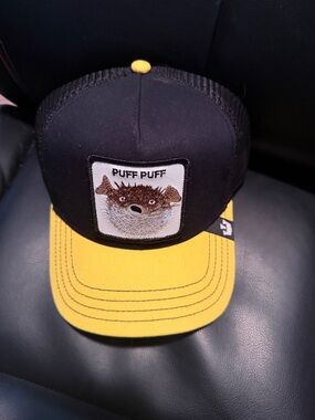 Puff Puff  puffer fish Trucker Hat - Black & Yellow